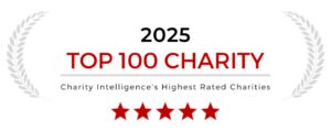 A logo of the 2025 top 100 charities from Charity Intelligence.