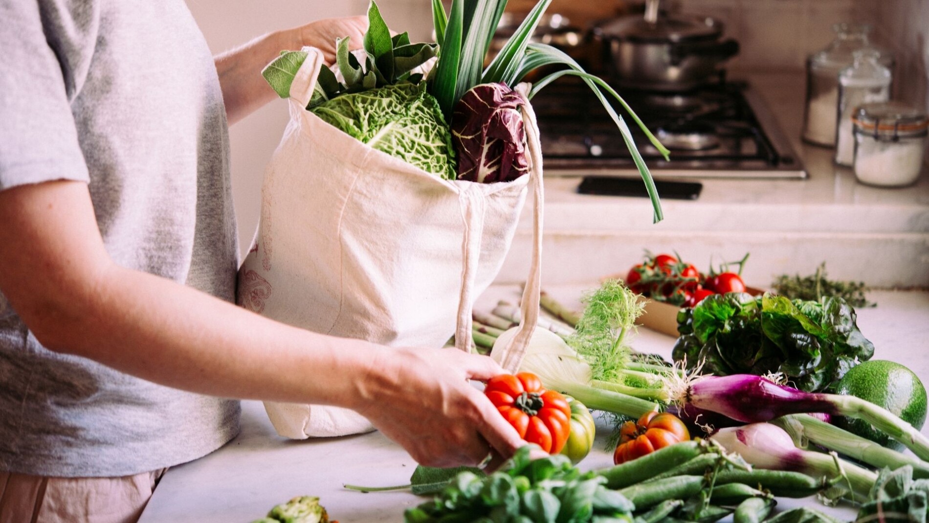 A photo of groceries on a counter top.